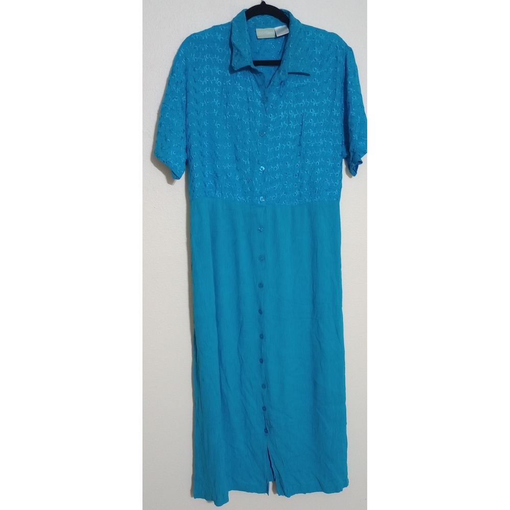 220 Hickory Vintage Turquoise Blue Eyelet Embroidered Rayon Maxi Dress XLG